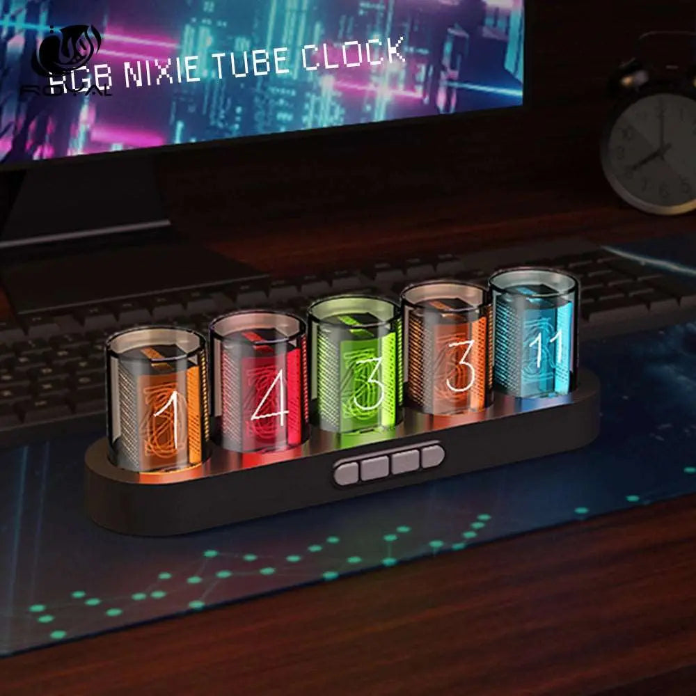 Digital Nixie Tube Clock with RGB LED Glows for Game Room Desktop Decoration. Luxury Box Packing for Gift Idea.