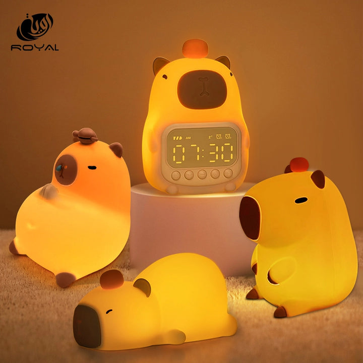 LED Night Lights Cute Capybara Silicone Lamp with Clock USB Rechargeable Timing Bedside Room Decor nightlight Kids Birthday Gift