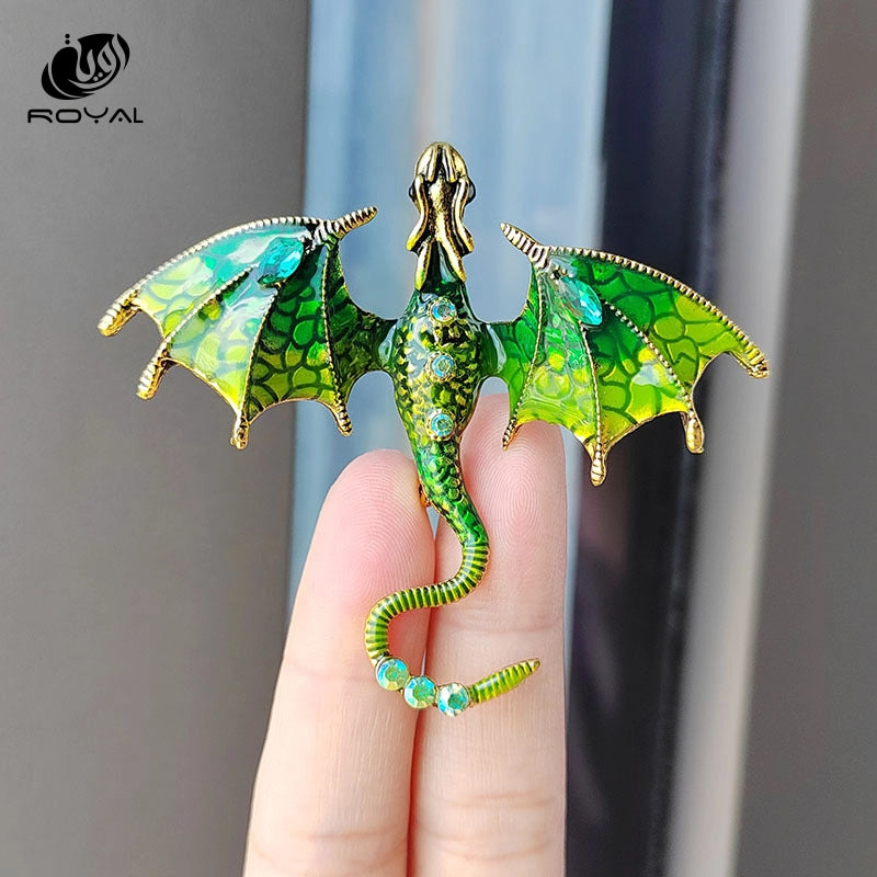 Vintage Enamel Dragon Brooches For Men Women Clothes Rhinestone Flying Dragon Key Chain Party Office Brooch Pins Jewelry Gifts