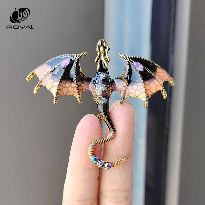 Vintage Enamel Dragon Brooches For Men Women Clothes Rhinestone Flying Dragon Key Chain Party Office Brooch Pins Jewelry Gifts