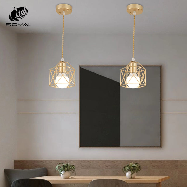 Modern LED Pendant Light Iron Gold Black Minimalist Metal Cage Pendant Lamp Living Room Restaurant Shop Bar Fixture Decoration