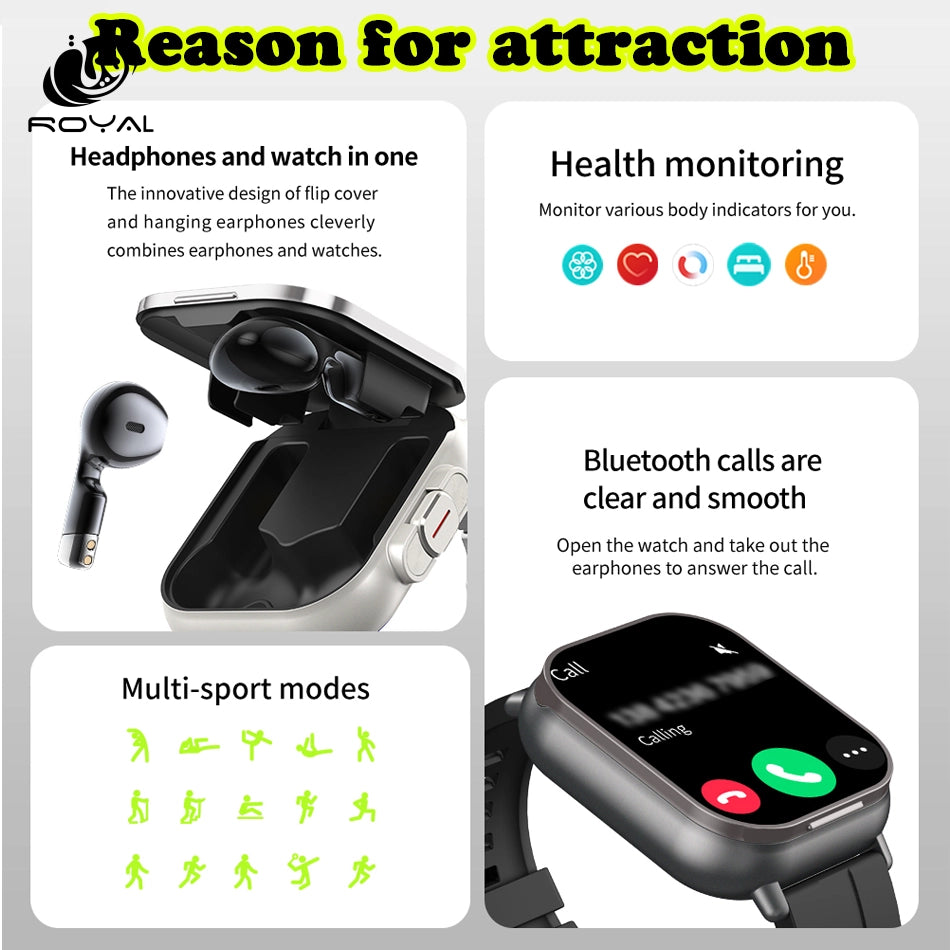 2024 Smart Watch 2 in 1 With Earphone Smartwatch Bluetooth Call Men Watch GPS Track Heart Rate Monitor Play Music SmartWatch