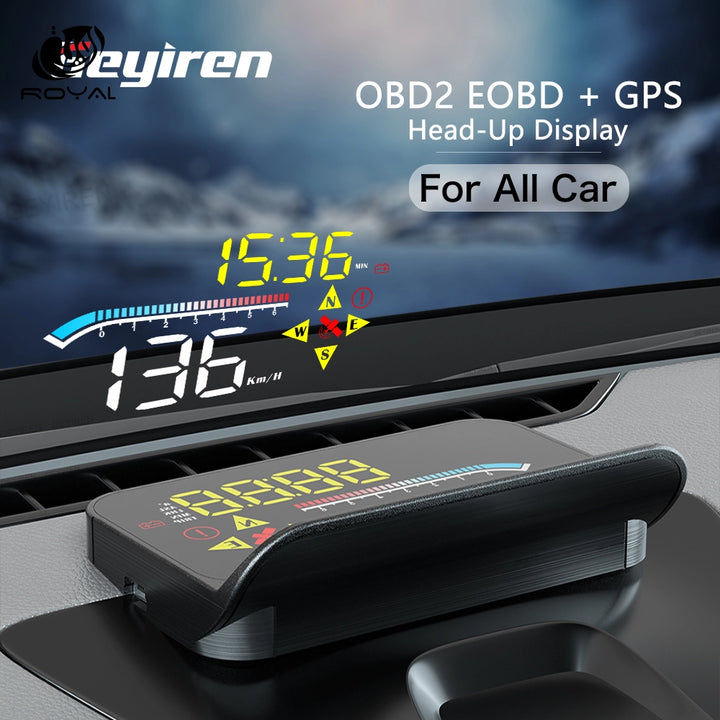 GEYIREN HUD Head Up Display Auto OBD2 GPS Dual System Projector for Car Glass Security Water temp Alarm Electronic Accessories