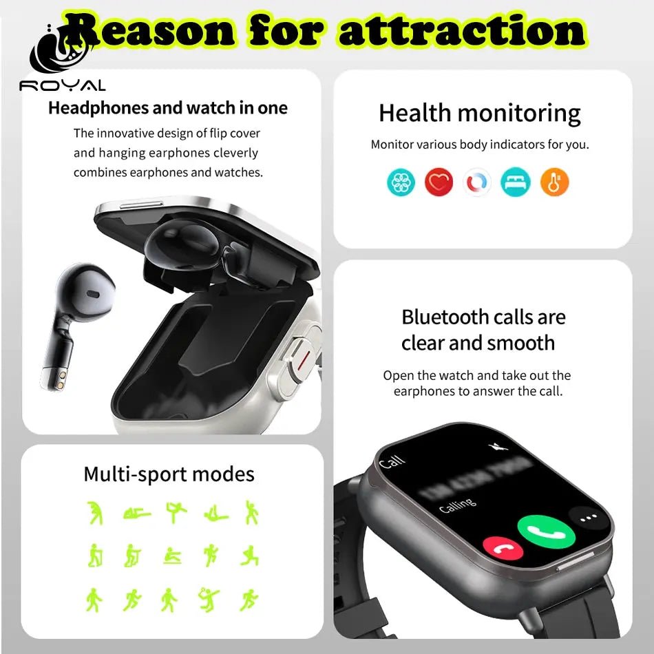 2024 Smart Watch 2 in 1 With Earphone Smartwatch Bluetooth Call Men Watch GPS Track Heart Rate Monitor Play Music SmartWatch The Royal Riwayah