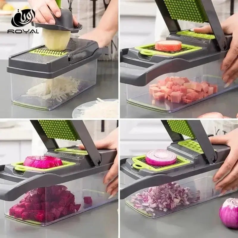 Hot 14/16 in 1 Multifunctional Vegetable Chopper Slicer Shredder with Basket Fruit Slicer Potato Shredder Carrot Grind Gadgets The Royal Riwayah