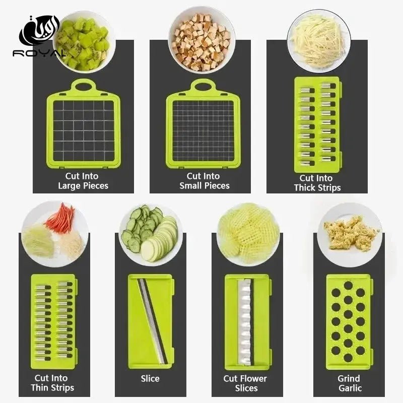 Hot 14/16 in 1 Multifunctional Vegetable Chopper Slicer Shredder with Basket Fruit Slicer Potato Shredder Carrot Grind Gadgets The Royal Riwayah