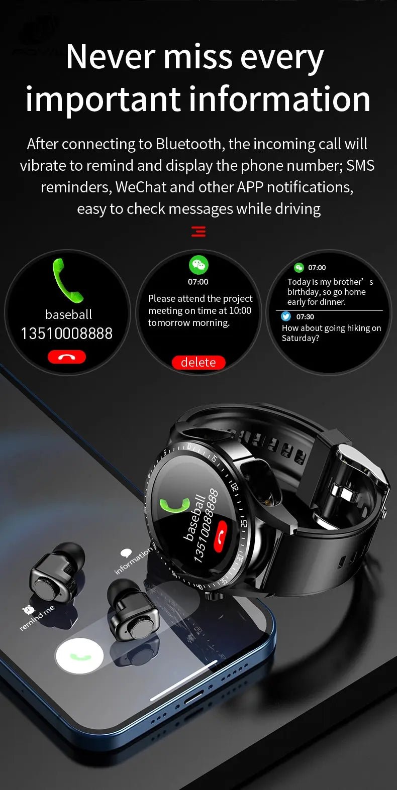 JM03 Headset Smart watch With Earbuds TWS Bluetooth Call Music Control Blood Pressure Detect Smartwatch For Men Android IOS - The Royal Riwayah